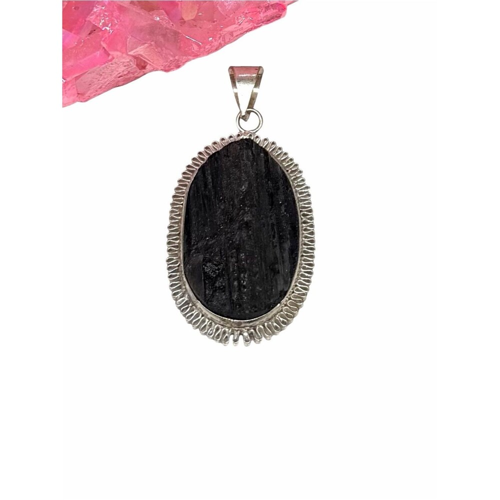 Black Tourmaline Necklace Pendant Raw Rough Stone Crystal Oval